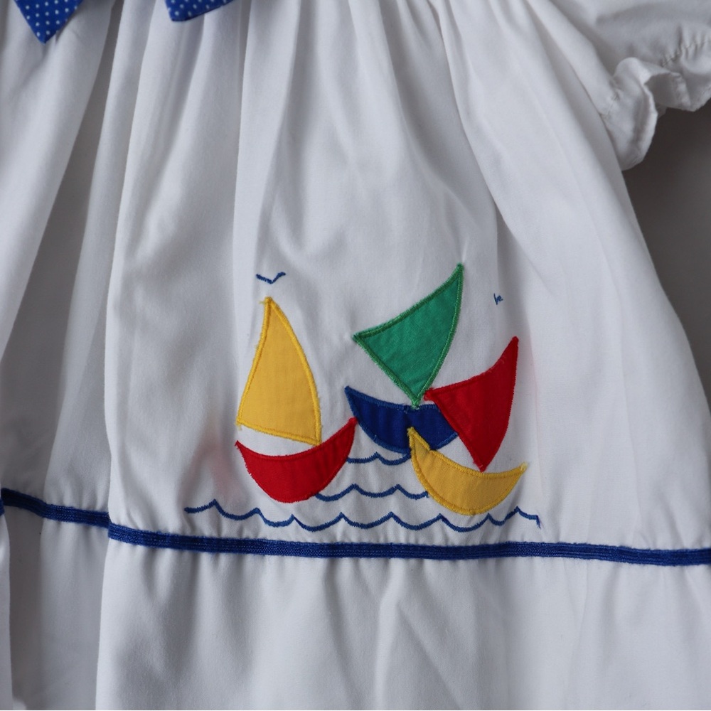 Vintage Embroidered Sailboat Nautical Short Sleeve Sailor Dress - Picture 6 of 9